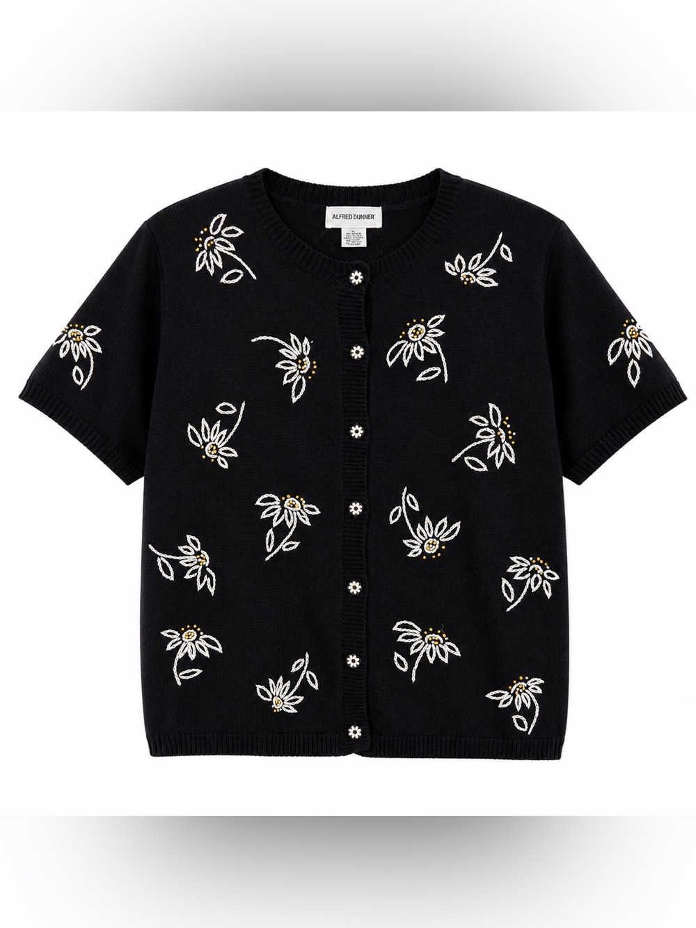 Alfred Dunner Black Floral Embroidered Short-Sleeve Button Front Cardigan Size L